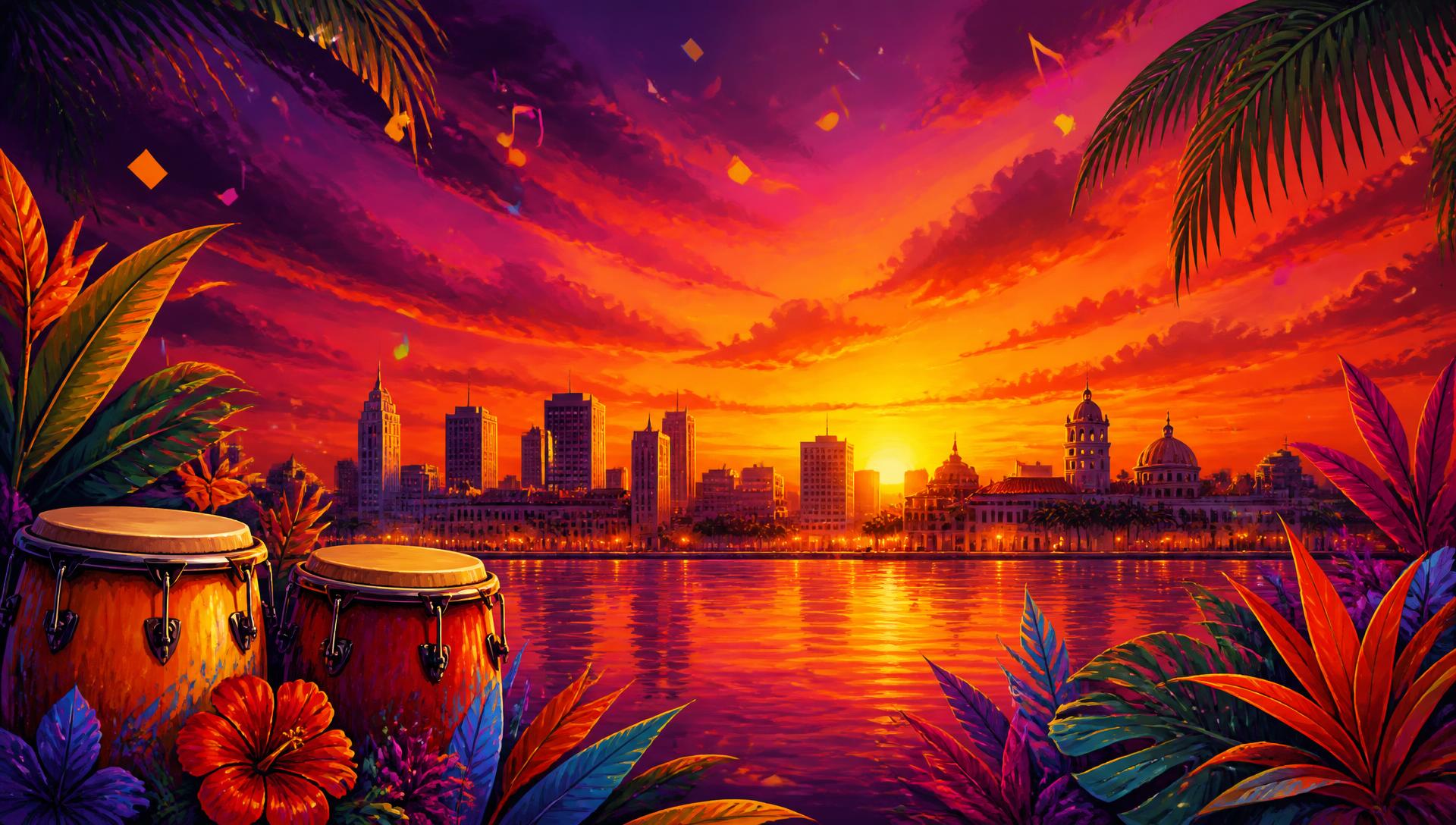 Latino Vibe Festival sunset skyline with congas and tropical foliage