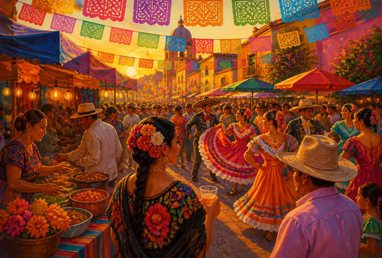 Vendors, dancers and families celebrating at a Latino street festival